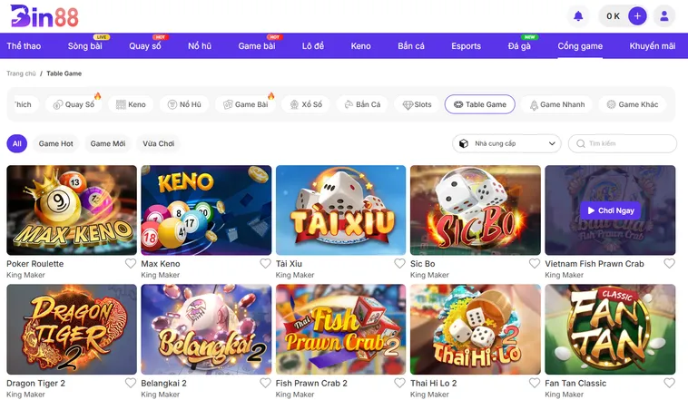 Table Game Bin88 Sảnh Cược Casino Trực Tuyến Đẳng Cấp Và Minh Bạch